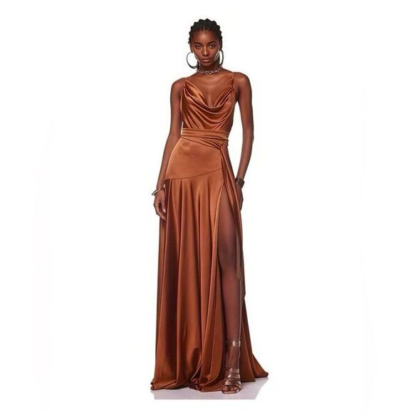 NEW BRINX AND BANCO Leo ChocolateBrown Silk-Blend Maxi Dress, size S - Picture 2 of 12